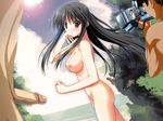  1girl 2boys breasts game_cg multiple_boys nude outdoors penis sky uncensored 