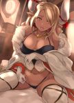  1girl backlighting bangs bare_shoulders black_panties blonde_hair blush breasts cafekun cleavage coat collarbone dark_skin draph elbow_gloves fur_trim gloves granblue_fantasy highres horns jewelry kuvira_(granblue_fantasy) large_breasts long_hair looking_at_viewer navel necklace open_clothes open_coat open_mouth panties panty_pull pointy_ears saliva sitting solo swept_bangs thighhighs thighs tongue tongue_out underwear wariza white_coat white_gloves wide_sleeves 