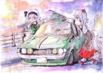  2girls animal_ears ankle_socks black_bow black_bowtie black_hairband bow bowtie car closed_mouth collared_shirt detached_sleeves from_side full_body geta green_car green_eyes green_skirt green_vest grey_hair grey_skirt hairband hat inubashiri_momiji konpaku_youmu lamppost leaf_print leaning_forward long_sleeves medium_hair motor_vehicle mountainous_horizon multicolored_clothes multicolored_skirt multiple_girls outdoors print_skirt red_eyes red_footwear red_headwear red_skirt shirt skirt skirt_set sleeveless sleeveless_shirt socks sodbre_(takaya) standing tail tokin_hat touhou twilight vest white_shirt white_socks wolf_ears wolf_girl wolf_tail 