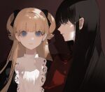  2girls :| apron bangs black_eyes black_hair blonde_hair blue_eyes bow chongzhen_085 closed_mouth dress emilico_(shadows_house) expressionless hair_bow hair_down highres kate_(shadows_house) long_hair maid_apron multiple_girls painterly profile puffy_sleeves red_dress shadows_house spoilers two_side_up 