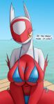  anthro bikini breasts cleavage clothed clothing creatiffy english_text female hi_res latias legendary_pok&eacute;mon multicolored_body nintendo one_eye_closed pok&eacute;mon pok&eacute;mon_(species) side-tie_bikini solo swimwear text two_tone_body video_games water wink 