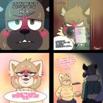  aggressive_retsuko ailurid anthro barrypark11 big_breasts blush bodily_fluids breasts cellphone comic duo fangs female haida hi_res hyaenid male male/female mammal phone red_panda retsuko&#039;s_mother sanrio sparkles sweat teeth text 