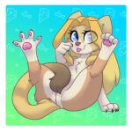  2019 blonde_hair blue_eyes cheese_quesadilla cute_fangs domestic_cat felid feline felis female genitals hair hi_res itsspoopsb long_hair looking_aside mammal nude pawpads pink_pawpads pussy simple_background smile solo tongue tongue_out 