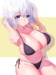  1girl bangs bikini black_bikini blue_eyes blush breasts cleavage covered_nipples eyebrows_visible_through_hair highres large_breasts looking_at_viewer navel onsoku_inu original short_hair solo swimsuit white_hair 