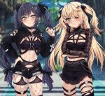  2girls absurdres alternate_costume aqua_eyes bangs black_legwear black_nails black_ribbon black_shirt black_shorts black_skirt blonde_hair blurry blurry_background blush bracelet breasts bridal_gauntlets choker clothing_cutout commentary cowboy_shot cropped_hoodie drawstring earrings english_commentary eyepatch fischl_(genshin_impact) fishnet_legwear fishnets genshin_impact gothic green_eyes hair_ornament hair_over_one_eye hair_ribbon hairclip hand_on_hip hand_up highres hood hoodie jewelry long_hair long_sleeves looking_at_viewer medium_breasts mismatched_earrings mona_(genshin_impact) multiple_earrings multiple_girls multiple_rings nail_polish navel navel_piercing outdoors parted_lips piercing ribbon ring shirt shorts skirt small_breasts spiked_bracelet spiked_choker spikes standing stomach thigh_strap thighhighs torn_clothes torn_shorts twintails two_side_up v-shaped_eyebrows very_long_hair vitaminechan x_hair_ornament 