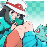  1girl ayo_(ayosanri009) blue_legwear bulbasaur buttons closed_mouth coat commentary_request crossed_legs frown game_boy_advance_sp green_coat grey_eyes hair_flaps handheld_game_console hat holding holding_handheld_game_console knees leaf_(pokemon) long_hair long_sleeves looking_down loose_socks playing_games pokemon pokemon_(creature) pokemon_(game) pokemon_frlg pokemon_masters_ex red_skirt sidelocks skirt split_mouth white_headwear 