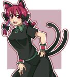  1girl :d adapted_costume animal_ear_fluff animal_ears border braid breasts cat_ears cat_tail cowboy_shot eyebrows_behind_hair hair_between_eyes hand_on_hip kaenbyou_rin leaning_forward long_hair looking_at_viewer medium_breasts multiple_tails nekomata open_mouth outline outside_border purple_background red_eyes red_hair renshirenji short_sleeves simple_background smile solo tail teeth tongue touhou twin_braids twintails two_tails upper_teeth white_border white_outline wing_collar wrist_cuffs 