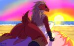  absurd_res anthro anus avian balls beach bird blaziken blue_eyes butt fur genitals hi_res looking_at_viewer looking_back male nintendo penis perineum pok&eacute;mon pok&eacute;mon_(species) raised_tail red_body red_fur seaside solo sunset therobd video_games yellow_body yellow_eyes yellow_fur 