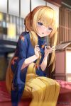  1girl animal_print bangs blonde_hair blue_eyes blue_kimono blurry blurry_background blush commentary_request depth_of_field duplicate eyebrows_visible_through_hair feet_out_of_frame fish_print floral_print hakama hakama_skirt hololive hololive_english indoors japanese_clothes kananote kimono long_hair long_sleeves looking_at_viewer ok_sign pixel-perfect_duplicate print_kimono sitting skirt solo twintails watson_amelia wide_sleeves yellow_hakama 