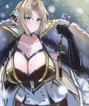  1girl alisa_(11749711) arm_up azur_lane black_bra black_choker black_gloves black_legwear blonde_hair bra bra_strap breasts character_name choker cleavage clenched_hand coat coat_dress collarbone dress elbow_gloves eyebrows_visible_through_hair flower fur-trimmed_coat fur_trim gloves hair_flower hair_ornament hair_ribbon highres holstered_weapon kronshtadt_(azur_lane) large_breasts light_blue_eyes long_hair looking_at_viewer mole mole_on_breast night night_sky open_mouth pantyhose parted_lips ribbon sky solo standing sword thighhighs thighs underwear upper_body weapon white_coat white_dress 