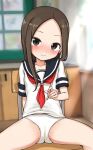  1girl absurdres bangs black_sailor_collar blurry blurry_background blush brown_eyes brown_hair chair closed_mouth depth_of_field forehead highres holding holding_pencil indoors karakai_jouzu_no_takagi-san long_hair looking_at_viewer neckerchief no_pants note2000 on_chair panties parted_bangs pencil red_neckerchief sailor_collar school_chair shirt sitting solo takagi-san underwear white_panties white_shirt 