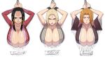  3girls armpits bangs black_hair bleach blonde_hair boa_hancock breasts chain cleavage earrings facial_mark forehead_mark glaring hanging_breasts highres huge_breasts iwao178 japanese_clothes jewelry long_hair looking_at_viewer matsumoto_rangiku mature_female mole mole_under_mouth multiple_girls naruto naruto_(series) necklace one_piece orange_hair restrained scowl shiny shiny_skin through_wall tsunade_(naruto) 
