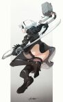  1boy 1girl black_blindfold black_dress black_legwear blindfold boots breasts dress gloves highres holding holding_sword holding_weapon leg_up long_sleeves nier_(series) nier_automata nitro0516 pod_(nier_automata) shadow short_hair signature sword thigh_boots thighhighs virtuous_contract weapon white_hair yorha_no._2_type_b 