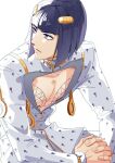  1boy black_hair bob_cut bruno_buccellati cleavage_cutout clothing_cutout hair_ornament hairclip jojo_no_kimyou_na_bouken male_focus own_hands_clasped own_hands_together sitting solo vento_aureo wuziky00 zipper_pull_tab 