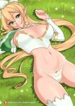 1girl absurdres ass_visible_through_thighs bangs blonde_hair braid breasts bustier choker grass green_choker green_eyes highres large_breasts leafa lying mandytsune navel on_back panties pointy_ears ponytail shrug_(clothing) smile solo sword_art_online thighhighs underwear white_bustier white_choker white_legwear white_panties 