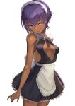  1girl announ_(kurotya) bangs bare_shoulders black_dress blush breasts center_opening dark-skinned_female dark_skin dress fate/prototype fate/prototype:_fragments_of_blue_and_silver fate_(series) frills glasses hassan_of_serenity_(fate) highres looking_at_viewer maid_headdress medium_breasts purple_eyes purple_hair short_hair sidelocks solo thighs 