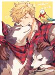  1boy animal animal_ears bangs bird blonde_hair blush brown_gloves closed_eyes dog dog_boy dog_ears gloves granblue_fantasy lumberjack_(granblue_fantasy) male_focus ono_(0_no) plaid plaid_shirt red_shirt shirt short_hair smile teeth upper_body vane_(granblue_fantasy) 