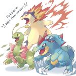  anniversary claws commentary_request copyright_name fangs feraligatr fire highres kotone11152 meganium no_humans open_mouth pokemon pokemon_(creature) standing tongue twitter_username typhlosion yellow_eyes 