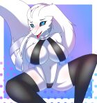  anthro big_breasts blue_eyes blush breasts clothe clothing dragon female fur hi_res legendary legendary_pok&eacute;mon legwear looking_at_viewer narrowed_eyes nintendo pok&eacute;mon pok&eacute;mon_(species) reshiram solo swimwear thick_thighs thigh_highs video_games white_body white_fur whiteyonggari_(artist) 