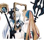  2girls ahoge artoria_pendragon_(caster)_(fate) artoria_pendragon_(fate) black_gloves blonde_hair blue_eyes crown fate/grand_order fate_(series) gloves halberd highres long_hair mirror_twins morgan_le_fay_(fate) multiple_girls polearm ponytail signature silver_hair sost_fgo staff tiara weapon 