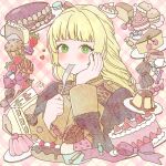  1girl bow cake candy cherry cupcake eating eclair_(food) fire_emblem fire_emblem:_three_houses food food_on_face fork fruit garreg_mach_monastery_uniform green_eyes hand_on_own_cheek hand_on_own_face heart highres ice_cream ingrid_brandl_galatea long_hair m0fa0 macaron pudding strawberry 