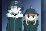  2girls blonde_hair blue_eyes chito_(shoujo_shuumatsu_ryokou) chito_(shoujo_shuumatsu_ryokou)_(cosplay) closed_mouth coat cosplay d-floe expressionless eyebrows_visible_through_hair green_coat head_fins long_hair looking_at_viewer multiple_girls original purple_eyes shark_girl short_hair shoujo_shuumatsu_ryokou smile yuuri_(shoujo_shuumatsu_ryokou) yuuri_(shoujo_shuumatsu_ryokou)_(cosplay) 