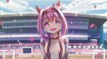  1girl absurdres animal_ears blurry blurry_background cloud commentary_request confetti hair_between_eyes haru_urara_(umamusume) highres horse_ears jacket long_hair looking_at_viewer moko39_takasora open_mouth pink_eyes pink_hair portrait racetrack sky solo track_jacket umamusume 