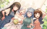  4girls artist_name black_hair blue_dress blue_hair blush bouquet breasts brown_hair closed_eyes collarbone commission double_bun double_v dress eyebrows_visible_through_hair flower gloves green_dress grin hair_ornament hair_over_one_eye hairband hairclip hamakaze_(kancolle) holding holding_bouquet isokaze_(kancolle) kantai_collection large_breasts long_hair long_sleeves multiple_girls open_mouth orange_dress pink_flower short_hair short_sleeves signature silver_hair skeb_commission smile tanikaze_(kancolle) urakaze_(kancolle) v wedding_dress white_dress white_gloves white_hairband wss_(nicoseiga19993411) yellow_flower 