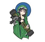  1girl absurdres akemi_homura black_hair breasts cleavage cloak collarbone expressionless fgm-148_javelin green_cloak highres invader looking_at_viewer mahou_shoujo_madoka_magica purple_eyes rocket_launcher russo-ukrainian_war sidelocks solo soul_gem ukraine weapon white_background 