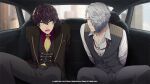  2boys angry aqua_eyes black_jacket bound bound_wrists bustafellows buttons car car_seat copyright copyright_name english_text grey_pants ground_vehicle hair_over_one_eye jacket limbo_(bustafellows) motor_vehicle multiple_boys necktie official_art pants purple_hair shirt shu_(bustafellows) sumeragi_kohaku vest white_hair white_shirt yellow_eyes 