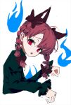  1girl :o animal_ears bangs blue_fire bow braid brown_bow cat_ears cropped_torso extra_ears eyebrows_visible_through_hair eyelashes fire from_side garter_straps hair_between_eyes hair_bow hair_ribbon hands_up head_tilt highres hitodama kaenbyou_rin looking_at_viewer neetsr open_mouth paw_pose red_eyes red_hair ribbon simple_background slit_pupils solo teeth touhou tress_ribbon twin_braids twintails upper_body upper_teeth white_background 