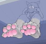  2022 4_toes anthro bodily_fluids canid canine claws feet female foot_focus fur grey_body grey_fur hi_res ikkimikka konna_(ikkimikka) mammal partially_submerged pawpads soles solo tears toe_claws toes 