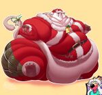  2021 absurd_res anthro belly big_belly blush bottomwear christmas christmas_clothing christmas_headwear clothing costume domestic_cat draggintoucan eyes_closed felid feline felis hat headgear headwear hi_res holidays humanoid_hands lifewonders mammal morbidly_obese obese overweight pants santa_costume santa_hat simple_background sitri sitting solo tokyo_afterschool_summoners video_games 
