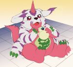  absurd_res animal_skin anthro bandai_namco belly belly_markings claws digimon digimon_(species) drinking hi_res horn looking_at_viewer markings mug overweight pink_body psychemon red_eyes sitting solo volemmm 