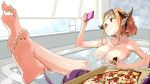  1girl barefoot bath bathing bathtub blush breasts cellphone cleavage closed_mouth collarbone commentary_request crossed_ankles crossed_legs dragon_tail earbuds earphones fang feet food foot_focus foreshortening glass hair_up hairband highres holding holding_food holding_pizza hololive horns indoors kiryu_coco large_breasts legs_up long_hair looking_at_phone nude orange_hair partially_submerged phone pizza pizza_box pointy_ears red_eyes skin_fang smartphone smile soles solo tail toes water wet window yuyaiyaui 