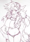  almeida_(granblue_fantasy) blush breasts closed_mouth commentary draph earrings granblue_fantasy highres horns inverted_nipples jewelry large_breasts long_hair looking_at_viewer monochrome navel pointy_ears standing sweat thighs traditional_media tsukareta_san very_long_hair 
