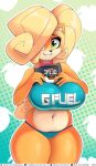  2022 activision anthro bandicoot belly black_nose blonde_hair breasts clothed clothing coco_bandicoot crash_bandicoot_(series) digital_media_(artwork) don_ko female g_fuel green_eyes hair hair_over_eye hi_res long_hair looking_at_viewer mammal marsupial navel one_eye_obstructed slightly_chubby smile solo text text_on_clothing text_on_topwear thick_thighs topwear url video_games 