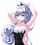  1girl absurdres armpits breasts chanpower233 crown epic_seven grey_hair hair_ornament highres leotard looking_at_viewer pale_skin ponytail purple_eyes revealing_clothes senya_(epic_seven) silver_hair wing_hair_ornament 