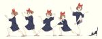  1girl arms_up bangs bare_legs black_cat black_dress blush_stickers bow brown_hair cat dress fighting_stance hair_bow hairband hands_up highres jiji_(majo_no_takkyuubin) kiki_(majo_no_takkyuubin) leg_up legs_apart looking_away looking_to_the_side majo_no_takkyuubin multiple_views outstretched_arms popman3580 profile red_bow red_footwear short_hair short_sleeves sideways_glance simple_background squatting standing standing_on_one_leg stretch yellow_background 