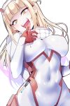  1girl bangs blonde_hair blood blunt_bangs bodysuit boku_no_hero_academia breasts commentary cosplay covered_navel darling_in_the_franxx english_commentary eyebrows_visible_through_hair fangs hand_up highres hot_vr large_breasts licking licking_finger long_hair looking_at_viewer patreon_logo patreon_username pixiv_logo pixiv_username simple_background smile solo teeth toga_himiko tongue tongue_out upper_teeth white_bodysuit yellow_eyes zero_two_(darling_in_the_franxx) zero_two_(darling_in_the_franxx)_(cosplay) 