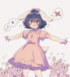  animal_ears black_hair bow carrot_necklace cowboy_shot dress flying_sweatdrops grey_background haruwaka_064 heart highres inaba_mob_(touhou) inaba_tewi open_mouth outstretched_arms pink_bow pink_dress rabbit_ears rabbit_tail short_hair short_sleeves simple_background spoken_squiggle spoken_sweatdrop spoken_x spread_arms squiggle sweatdrop tail touhou trembling 