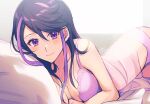  1girl bangs black_hair blush breasts cleavage closed_mouth collarbone eyebrows_visible_through_hair hair_between_eyes kurosaki_ruri lingerie long_hair looking_at_viewer lying medium_breasts mikami_(mkm0v0) multicolored_hair negligee on_stomach panties pillow purple_eyes purple_hair purple_panties shiny shiny_hair sleepwear smile solo two-tone_hair underwear yu-gi-oh! yu-gi-oh!_arc-v 