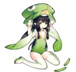  1girl ao_jun ark_order bangs bell black_hair bow bridal_legwear cucumber flat_chest full_body green_eyes green_footwear green_headwear green_leotard hands_on_headwear hat hat_bell jingle_bell kappa_(ark_order) leotard long_hair looking_at_viewer neck_bell official_art open_mouth pointy_ears sandals sidelocks sitting solo tachi-e toeless_footwear transparent_background wariza wavy_mouth white_legwear wide_sleeves 
