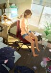  1girl balcony bare_legs barefoot book bottle brown_eyes cat cherry_blossoms clothes_spread_out computer eyebrows_visible_through_hair full_body headphones highres indoors keyboard_(computer) messy_hair messy_room monitor nakamura_yukihiro orange_shirt original petals plant school_uniform shirt short_hair short_shorts shorts t-shirt trash_can water_bottle 