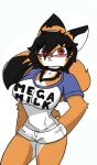  anthro big_breasts blush bottomwear breasts canid canine clothing fan_character female fox hi_res hotpants mammal maxine_boulevard mega_milk meme pace-maker shorts solo thick_thighs 