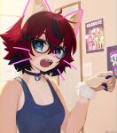  2022 5_fingers accessory aeiou_(yoako) ahoge alternate_version_at_source anthro bell black_hair breasts choker claws cleavage clothed clothing domestic_cat door eyewear felid feline felis female finger_claws fingers five_nights_at_freddy&#039;s friday_night_funkin&#039; fur glasses green_eyes hair hair_accessory inner_ear_fluff inside jewelry jingle_bell kemono light_switch looking_at_viewer mammal multicolored_body multicolored_fur multicolored_hair necklace neon open_mouth paw_pose portrait pose poster power_symbol pupils red_hair scottgames sharp_teeth shirt short_hair signature small_breasts solo tan_body tan_fur tank_top teeth tongue topwear tuft two_tone_body two_tone_fur unusual_pupils video_games white_body white_fur yoako 