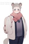  1boy animal_ears backpack bag blush brown_eyes commentary fluffy hands_in_pockets korean_commentary layered_clothing looking_at_viewer male_focus mongz necktie plump scarf tail thick_eyebrows watermark white_background winter_uniform 