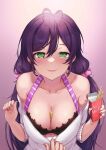  black_bra bra breasts clothes_pull food food_between_breasts green_eyes gxdy halterneck highres looking_at_viewer love_live! love_live!_school_idol_project medium_breasts nail_polish non-web_source pretz purple_hair scrunchie shirt_pull smile toujou_nozomi twintails underwear 