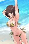  1girl akiyama_yukari arm_behind_head arm_up armpits artist_name bangs beach bikini breasts brown_eyes brown_hair camouflage camouflage_bikini cleavage commentary day eyebrows_visible_through_hair girls_und_panzer green_bikini halterneck horizon looking_at_viewer matsui_yasutsugu medium_breasts messy_hair navel ocean open_mouth outdoors short_hair side-tie_bikini signature smile solo standing standing_on_one_leg string_bikini swimsuit 