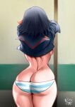  1girl ass back backboob black_hair breasts butt_crack clothes_lift facing_away highres kill_la_kill looking_back matoi_ryuuko medium_breasts medium_hair multicolored_hair panties red_hair redrawn senketsu short_hair solo streaked_hair striped striped_panties the_golden_smurf underwear 